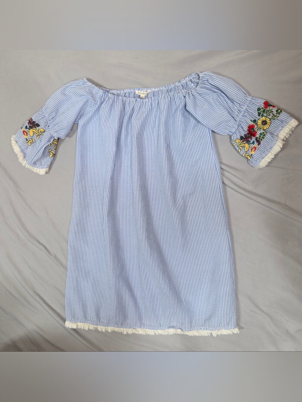 Rebellion Boho Embroidered Floral Striped Off Shoulder Mini Dress Medium M